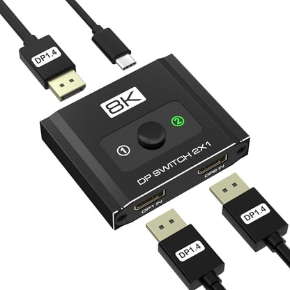 DisplayPort Switch 2 in 1 Out, 8K@60Hz DP 1.4 Switcher Selector Box, Unidirectional Display Port Switcher for Dual PCs & Gaming Consoles, 4K@144Hz DP Switch with DSC Support (DP Cables Not Included) - size: Displayport Switch