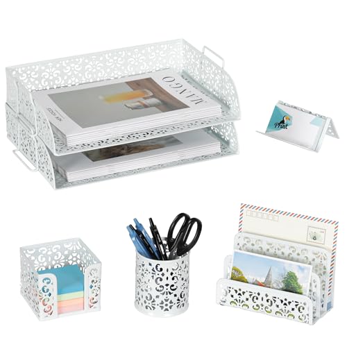 EasyPAG Desk Organizers and Accessories 5 Pieces Office Supplies Set - 2 Tier Paper Tray, Pencil Organizer for Desk, Mail Sorter Countertop, Business Card Holder and Sticky Note Holder, White - color: White