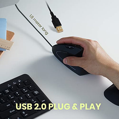 Perixx PERIMICE-513 Wired Ergonomic Vertical Mouse - 6 Buttons with 1000/1600/3200/6400 DPI - Right-Handed Design - Wired USB 5.9ft Cable - Black - style: Wired
