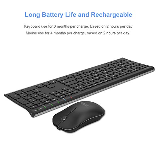 Arteck 2.4G Wireless Keyboard and Mouse Combo Stainless Steel Ultra Slim Full Size Keyboard and Ergonomic Mice for Computer Desktop PC Laptop and Windows 10/8/7 Build in Rechargeable Battery