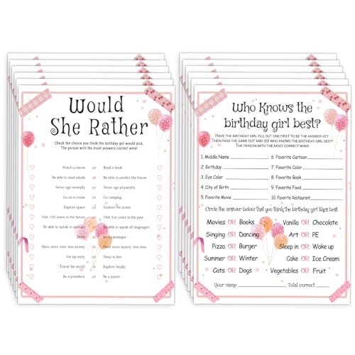 ALodr 20 Pcs Who Knows the Birthday Girl Best, Would She Rather Games for Girl Birthday Party, Funny Birthday Party Games, Double Sided, 5x7 Inches - color: Balloon, size: 2 in 1 (Set 1)