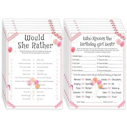 ALodr 20 Pcs Who Knows the Birthday Girl Best, Would She Rather Games for Girl Birthday Party, Funny Birthday Party Games, Double Sided, 5x7 Inches - color: Balloon, size: 2 in 1 (Set 1)