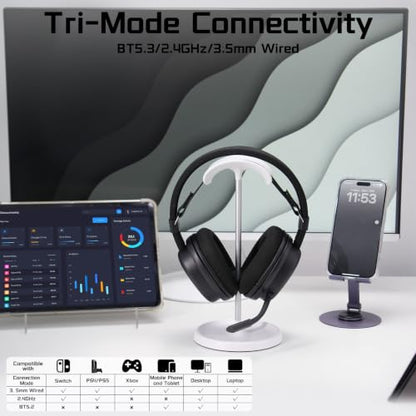 Aula G7 Wireless Gaming Headset, Surround Sound 10ms Low Latency, PC Headset with Detachable Noise Canceling Mic, 40mm Driver, Tri-Mode 2.4G/BT5.2/Wired 3.5mm, Over Ear Headphone for PS5, PS4, Switch - color: Black