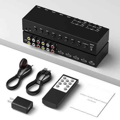 8 in to 1 Out RCA/HDMI Switcher，4 Way HDMI 2.0 + 4 RCA to HDMI Converter，4:3/16:9 Switcher Support 4K and 3D for PS1/2/3/4/5, N64, SNES, Switch, DVD, Roku, Fire Stick，etc. - color: 8 in to 1 Out RCA/HDMI Switcher