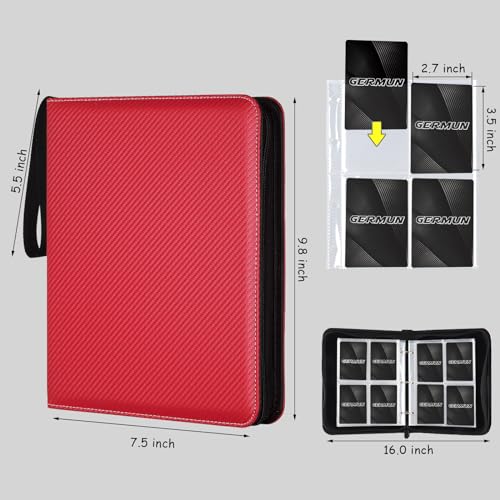 GERMUN 4 Pocket Card Binder, Premium Zip Trading Card Binder, 400 Double Sided Pocket PU Card Collection Binder, Collector Card Album, Card Folder for MTG, TCG, Sports Cards, Game Cards (Red) - color: 4 Pocket 400 Carbon Red