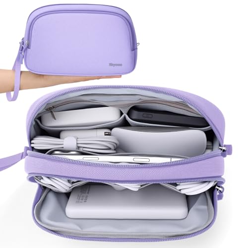 Skycase Travel Cable Organizer - Lightweight Water Resistant Dual-Layer Tech Pouch with Wrist Strap 9 Compartments Electronic Organizer Travel Case for Charger Cord Hard Drive,Medium,Purple - color: Purple, size: M