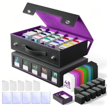5-Row Trading Card Storage Box with Handle, PU Leather | Holds 3900+ Cards, Magnetic Deck Case for Toploaders, Sleeved & Raw Cards, Includes 48 Dividers & Dice Box