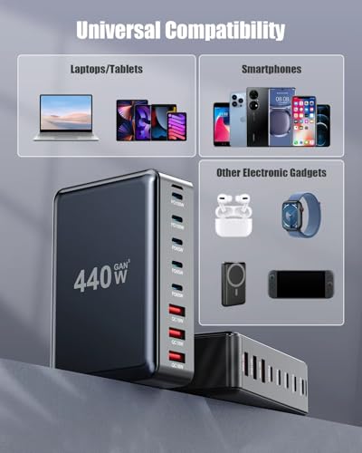 USB C Charger 440W USB C Charger Block,Upgraded GaN IV 8-Port Charging Station Hub,Travel Essentials 100W Fast Charging Laptop Adapter for MacBook Pro/Air,DELL,Steam Deck,iPhone 17/16,Galaxy S25/24