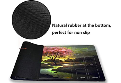 MTG Playmat, Game Play Mat for MTG TCG 24 x 14 inches Trading Card Inked Game Playmats with Storage Bag Smooth Rubber Surface Battle - color: Cherry Blossom Tree With Zones