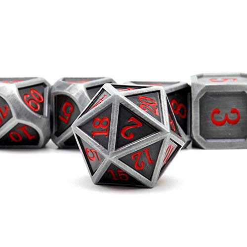 Haxtec Ancient Silver Metal DND Dice Set D&D 7PCS Large Rounded Antiue Iron RPG Dice Red Numbers for Dungeons and Dragons TTRPG Game Gifts',Standard size | Red Numbers D&D with Leather Bag, Compatible with Dungeons and Dragons, Antique Iron Heavy Metallic