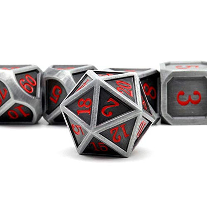 Haxtec Ancient Silver Metal DND Dice Set D&D 7PCS Large Rounded Antiue Iron RPG Dice Red Numbers for Dungeons and Dragons TTRPG Game Gifts',Standard size | Red Numbers D&D with Leather Bag, Compatible with Dungeons and Dragons, Antique Iron Heavy Metallic