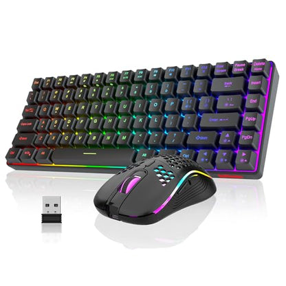 RedThunder K84 Wireless Keyboard and Mouse Combo, Rainbow Backlit Rechargeable Battery, 75% Layout TKL Ultra Compact Gaming Keyboard & Lightweight 3200 DPI Honeycomb Optical Mouse (Black) - color: Black