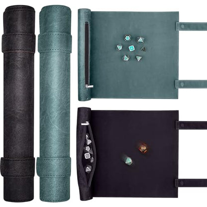SIQUK 2 Pieces Magnetic Dice Mat Tray Rolling Mat with Zipper PU Leather Folding Scroll Dice Holder for D&D RPG Games (Cyan, Black) - color: Cyan, Black