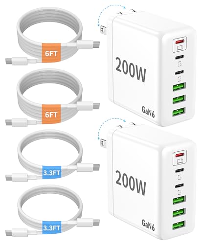2 Pack USB C Charger Block 200W 6 Port GaN Super Fast Type C Charger | Foldable PD Charging Station for All iPhone 17 16 /android phone Samsung Galaxy S25/S24/MacBook/ iPad - color: White