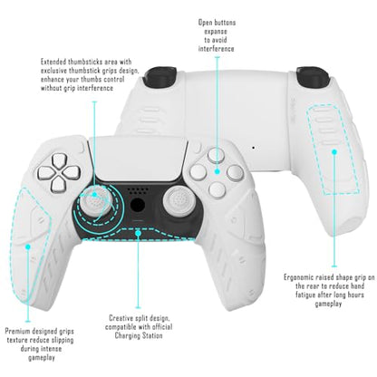 PlayVital Mecha Edition White Ergonomic Soft Controller Silicone Case Grips for PS5, Rubber Protector Skins with Thumbstick Caps for PS5 Controller - Compatible with Charging Station - color: White