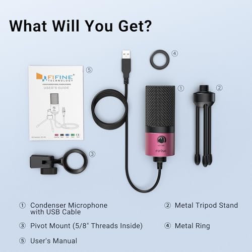 FIFINE USB Microphone, Condenser Podcast Mic with Volume Knob Control, Metal Tripod Stand, USB Cable for Recording, Online Meeting, Streaming, Video Conferencing, PC Desk Microphone-K669 Rose Red | PC Desk Microphone with Volume Knob Control, Metal Tripod