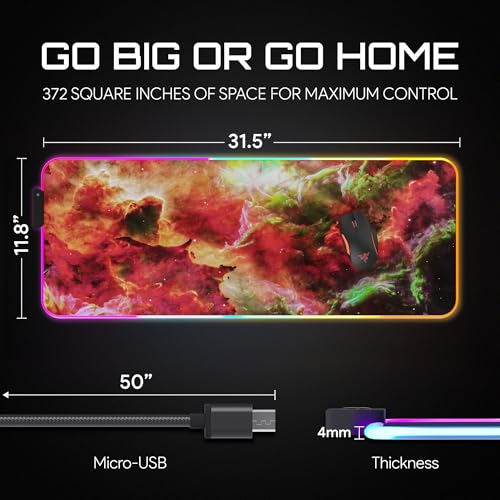 Gerlos RGB Gaming Mouse Pad, Large LED Desk Mat, 31.5 x 11.8 Inch | 12 light modes, non-slip base, water-resistant surface, stitched edges - color: Red