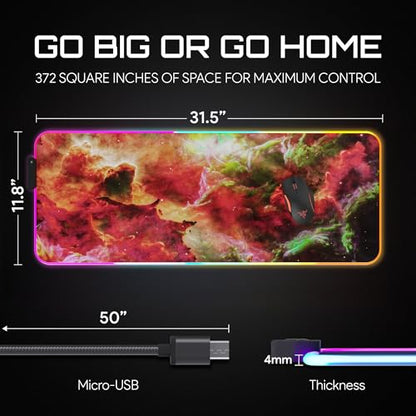 Gerlos RGB Gaming Mouse Pad, Large LED Desk Mat, 31.5 x 11.8 Inch | 12 light modes, non-slip base, water-resistant surface, stitched edges - color: Red