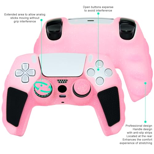 Pink Glitter Anti Slip Soft Thicked Studded Silicone Cover Skins Compatible with PS5 Controller,Include 8 PCS Pink Thumb Grips Glow and 2 Cat Paw Grips Accessories. - color: Pink Black