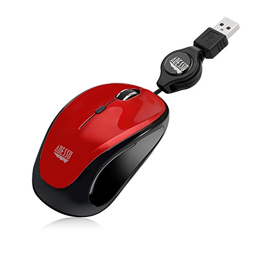 Adesso Retractable Mini Mouse iMouse S8B with Built-in Scroll Wheel, Adjustable DPI, Multi-Color LED Backlight, and Enhanced Optical Sensor (Red)