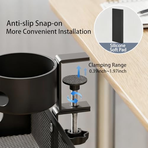 Clamp-On Under Desk Organizer with Cup Holder, 360° Rotating Mesh Drawer with Cable Hole, No-Drill Desk Drawer Organizer for Gaming Desk Accessories, Office Supplies, Coffee Mug, Dorm(2 in1)