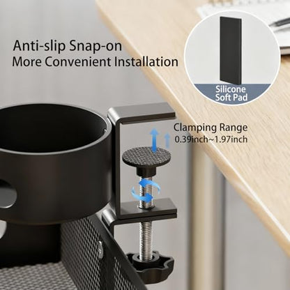 Clamp-On Under Desk Organizer with Cup Holder, 360° Rotating Mesh Drawer with Cable Hole, No-Drill Desk Drawer Organizer for Gaming Desk Accessories, Office Supplies, Coffee Mug, Dorm(2 in1)