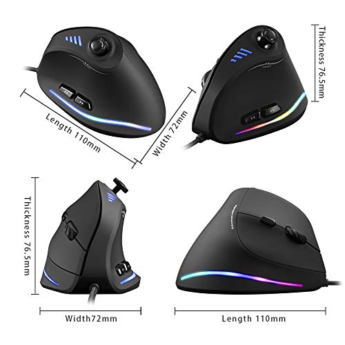 Vertical Mouse, Ergonomic USB Wired Vertical Mouse with [5 D Rocker] [10000 DPI] [11 Programmable Buttons], RGB Gaming Mouse for Gamer/PC/Laptop/Computer