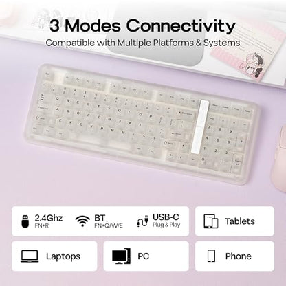 KiiBoom Phantom98 Lite 96% Wireless Mechanical Gaming Keyboard, VIA Programmable, Creamy Keyboard with Gasket, 8000mAh Battery, Hot Swap, RGB Backlits, NKRO for Win/Mac (Clear, Mochi Switch) - color: Clear, size: Mochi Switch