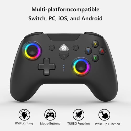 PeriphX Wireless Switch Controllers for Nintendo Switch,6-Axis Gyro,Turbo Function,7-Color RGB Lights,Compatible with Switch1/Switch2/PC (Wired)/iOS, All Functions Included with a Stylish Design and Cute Color - color: Glossy Black
