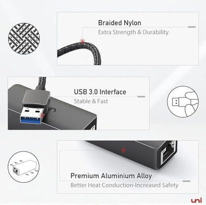 uni USB to Ethernet Adapter, Driver Free USB 3.0 to Gigabit Ethernet LAN Network Adapter, 100/1000 Mbps RJ45 Internet Adapter Compatible with Laptop, MacBook, Surface, PC with Windows, XP, Mac/Linux