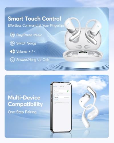 Ultra Open Ear Headphones, Over Ear Bluetooth Bone Conduction Earbuds | Bluetooth 6.1, LED Digital Display, 60H Playtime, IP55 Waterproof, Secure Earhooks for Running, Cycling & Workout - color: Pearl white