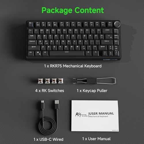 RK ROYAL KLUDGE R75 Wired Mechanical Gaming Keyboard, 75% Hot-Swap Mechanical Keyboard Volume Knob, Soft Pre-lubed Tactile Brown Switch - color: pure black