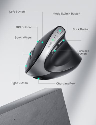 Nulea MD280 Ergonomic Vertical Wireless Mouse - Bluetooth & 2.4G Dual Mode, 4 Adjustable DPI 800/1200/1600/2400, Rechargeable, Silent Clicks, No Lag, 6 Buttons - Perfect for Laptop, Desktop Black - color: Black