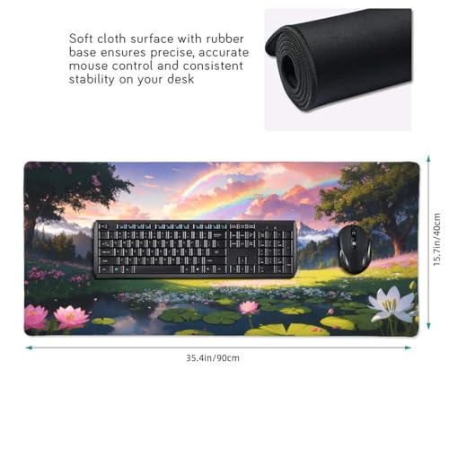 XXL Gaming Mouse Pad 35.4x15.7 inch, Beautiful Lotus Rainbow Landscape Theme Desk Mat, Mountain Flower Elegant Girly Scene Large Mousepad,Fantasy Artistic Keyboard Mouse Mat (Lotus Rainbow) - color: Lotus Rainbow