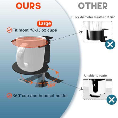 Metal Large Desk Cup Holder with 360° Rotating Headphone Hanger Under Desk, Anti-Spill Table Cup Holder Clamp for Coffee Mugs Bottles, Headset, Pencil Holder.