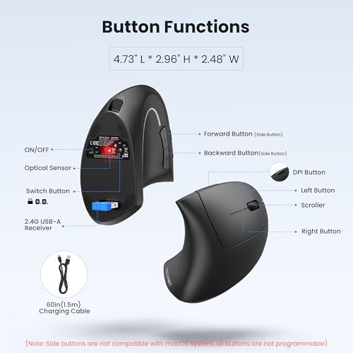 TECKNET Ergonomic Mouse Rechargeable Bluetooth - 4800 DPI Vertical Mice 6 Adjustable Levels, Wireless Optical Carpal Tunnel Mouse Right Hand, Multi Device for Laptop, PC, Computer, MacBook - Black - color: Black