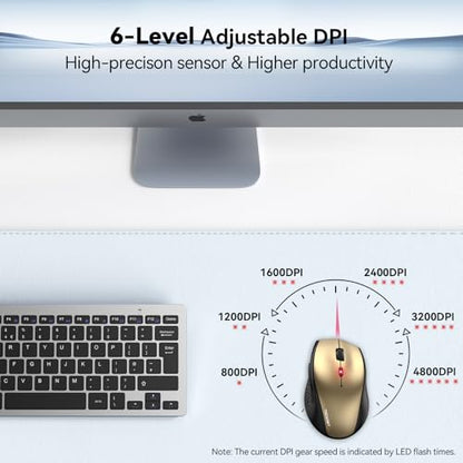 TECKNET 2.4G Wireless Mouse, 4800 DPI Ergonomic Computer Mouse, Gold Black | Mouse for Laptop with USB Receiver, 6 Adjustable DPI, Quiet Click, 30-Month Battery, 6 Button, Portable for PC Chromebook Mac - color: Gold