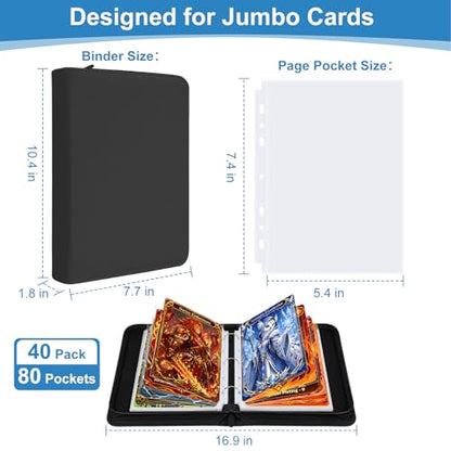 WITHYU Jumbo Card Binder, 5.4 x 7.4 Inch 3-Ring Trading Card Album with Zipper, Holds Oversized Jumbo Cards, 40 Removable Sleeves with 80 Pockets, Waterproof PU Leather Collector Binder, Black - color: 5.4x7.4-black