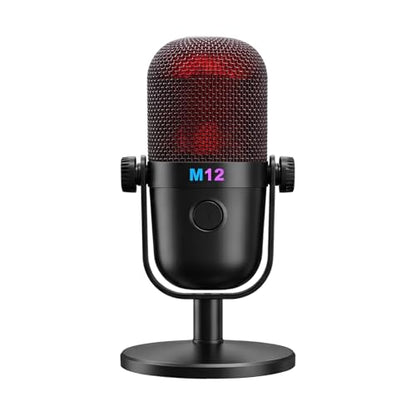 USB Microphone for PC Gaming, Condenser Mic with RGB Gradient, Noise Reduction, Round Stand Desk Podcast Mic for YouTube, Streaming, Podcasting & Recording