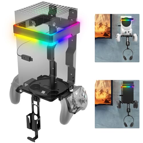 Fosmon Wall Mount for Xbox Series X/S Gaming Console Shelf Kit Stand | Mounted Storage Rack with RGB Ambient Light, Detachable Dual Controller Holder Stand, and Headphone Hanger Accessory Setup
