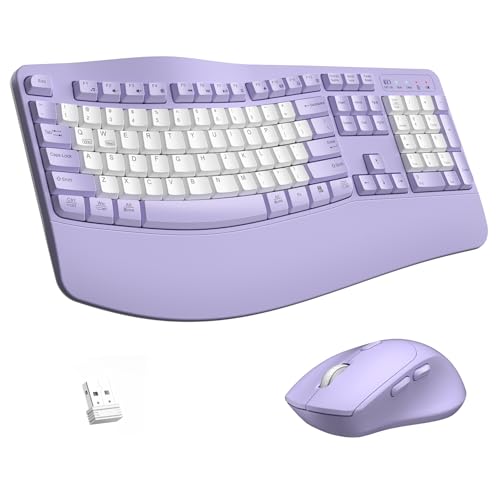Wireless Keyboard and Mouse Combo,2.4G Ergonomic Wave Keys(Purple-B) | Full Size Cordless Keyboard with Wrist Rest,3-Level DPI Ergonomic Mouse for Office and Home,Windows/Mac OS/Desktop/Laptop/PC - color: Purple & White-B