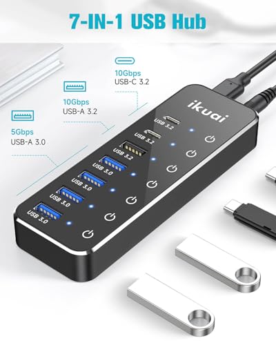 Powered USB Hub, ikuai 7-Port USB 3.2 / USB C Hub, with 3 10Gbps Data Ports (2 USB-C + 1 USB-A) and 4 USB A 3.0 Ports for PC Laptops - size: 7-Port USB 3.2 Hub