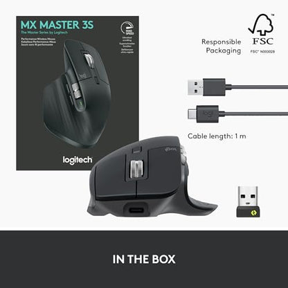 Logitech MX Master 3S Wireless Mouse Standard Edition Logi Bolt - Graphite | Logi Bolt USB Receiver, Ultra-Fast Scrolling, Ergo, Track on Glass, Quiet Clicks, USB-C, Bluetooth, Windows, Linux, Chrome