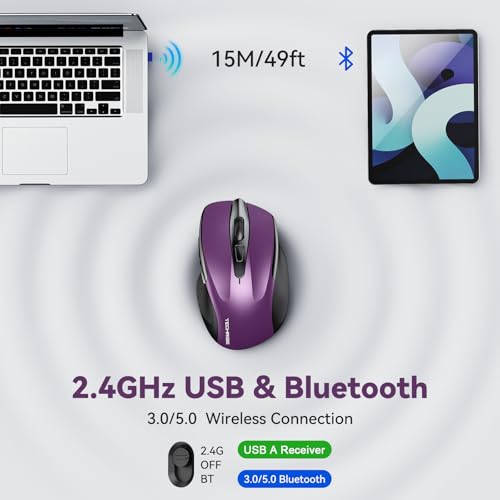 TechRise Bluetooth Mouse (BT5.0/3.0 & 2.4G) Rechargeable Wireless Mouse, 4800 DPI Optical Tracking, 6 Adjustable DPI, 2.4GHz with USB A Receiver, Quiet Clicks, Ergonomic Grips, 6 Buttons - Purple - color: Purple