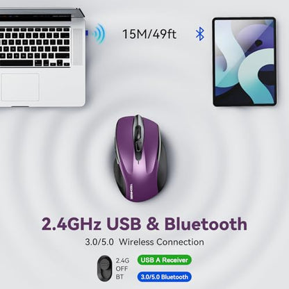 TechRise Bluetooth Mouse (BT5.0/3.0 & 2.4G) Rechargeable Wireless Mouse, 4800 DPI Optical Tracking, 6 Adjustable DPI, 2.4GHz with USB A Receiver, Quiet Clicks, Ergonomic Grips, 6 Buttons - Purple - color: Purple