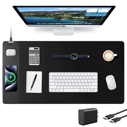 Wireless Charging Mouse Pad, Gaming Desk Mat with 20W Adapter, 31.5"x15.7" | Large XXL Desk Pad, Non-Slip Rubber Base, Ultra-Smooth Surface, Waterproof Computer Keyboard Pad for Home Office, Black - color: Black (Power Adapter)