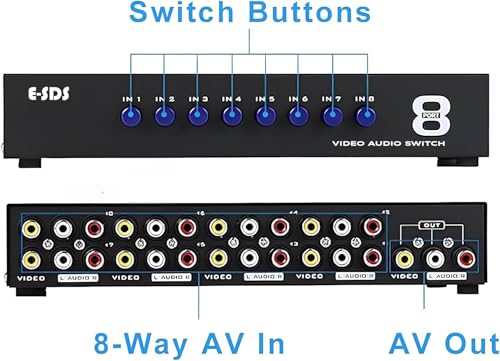 E-SDS 8-Way RCA Switch AV Switcher 8 in 1 Out Composite Selector Box | AV Switch Video L/R Audio Selector Box for DVD STB Game Consoles