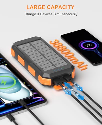 Solar Charger Power Bank 38800mAh, 22.5W USB-C Fast Charging Portable Charger with 4 Built-in Cables, External Battery Pack with Dual LED Emergency Flashlights for Camping, Hiking, Outdoor Use