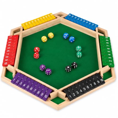 Shut The Box Game, 6 Player Wooden Hexagon Board, 12 Dice Game | 6-player Shut The Box wooden hexagon math board with 12 dice for adults,family nights, parties, pubs and group strategy play - color: 1-6 Players
