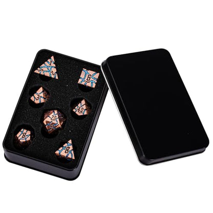Cracked Rune Metal Dice Set for DND & RPG – Dark Fantasy Fractured Design, Premium Heavy Metal Polyhedral Dice with Deep Engraved Numbers, 7-Piece Set – Blue Arcane Vein - color: Antique Copper Bright Blue